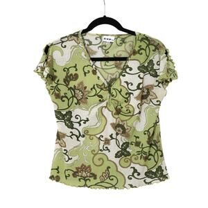 Vintage EXP Green Floral Lettuce Hem Flutter Split Sleeve Blouse 10 90s Y2K Boho